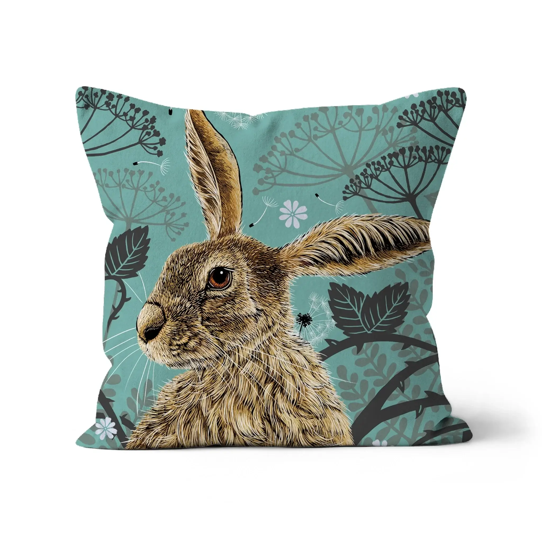 Woodland Hare Cushion featuring a detailed portrait of a British hare with an aqua background.
