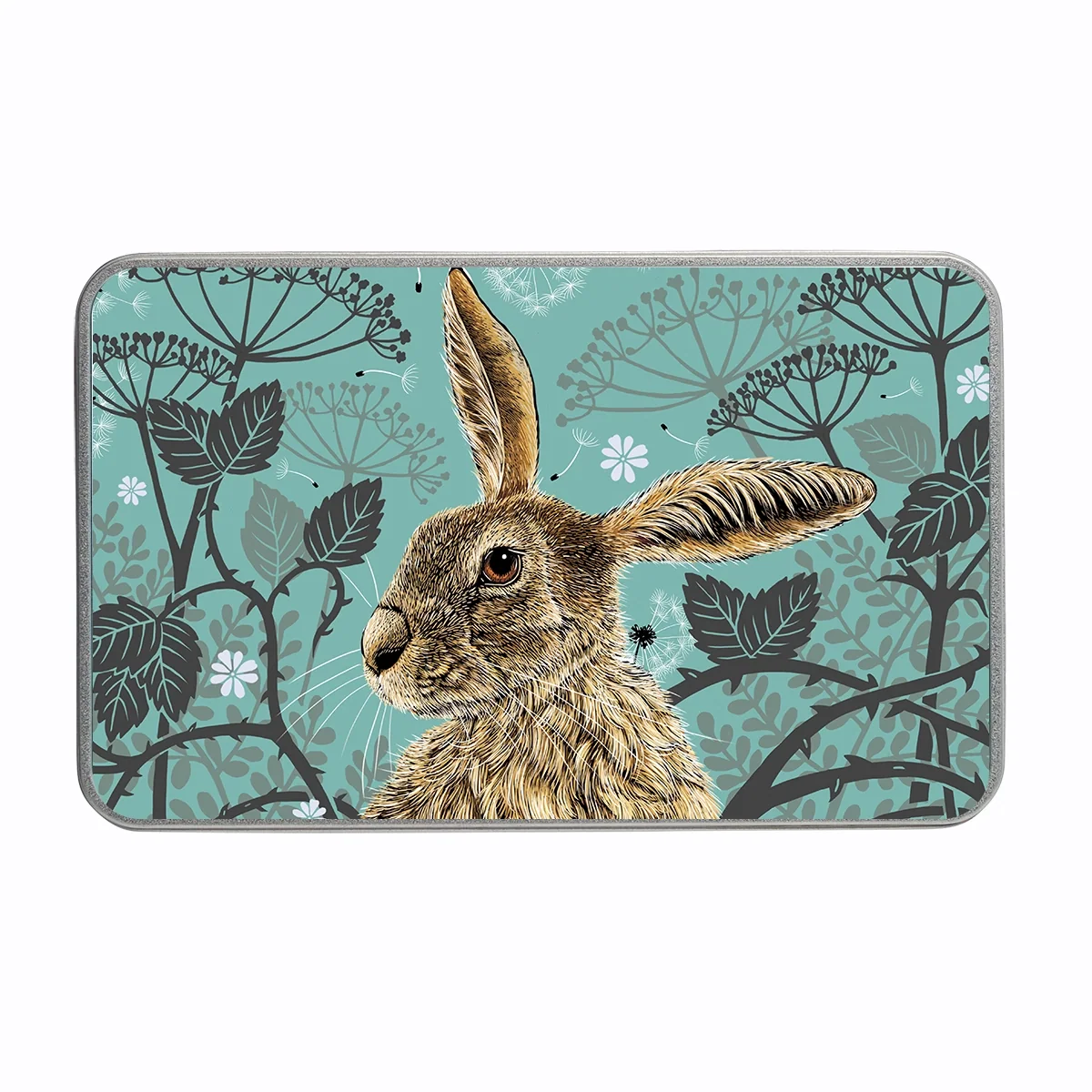 Woodland hare decorative keepsake tin with illustrated British wildlife design