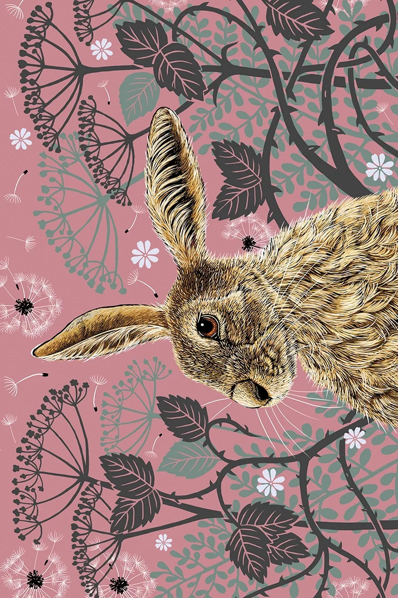 Woodland Hare Tea Towel by Fox & Boo, featuring a hare portrait on a pink background