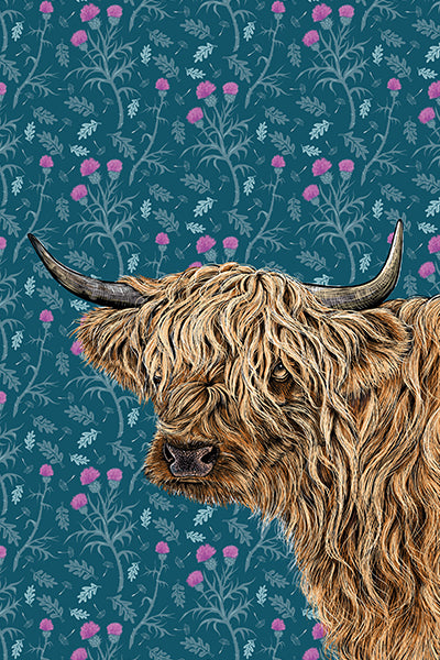 This tea towel design features a portrait of a highland cow, the background is a stylised repeat pattern of oak leaves, thistles and dandelion puffs, on a deep ocean blue background.