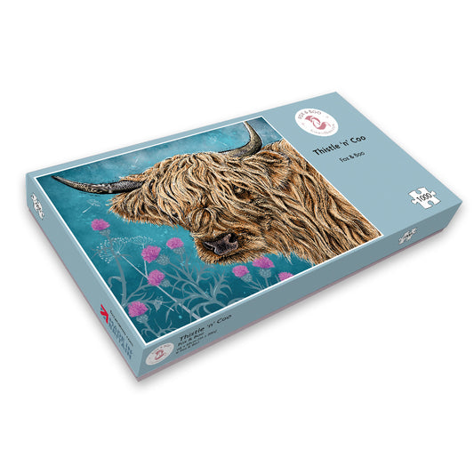 Sustainable Highland Cow Jigsaw puzzle box by Fox and Boo featuring a highland cow and thistles on a watercolour dark blue background