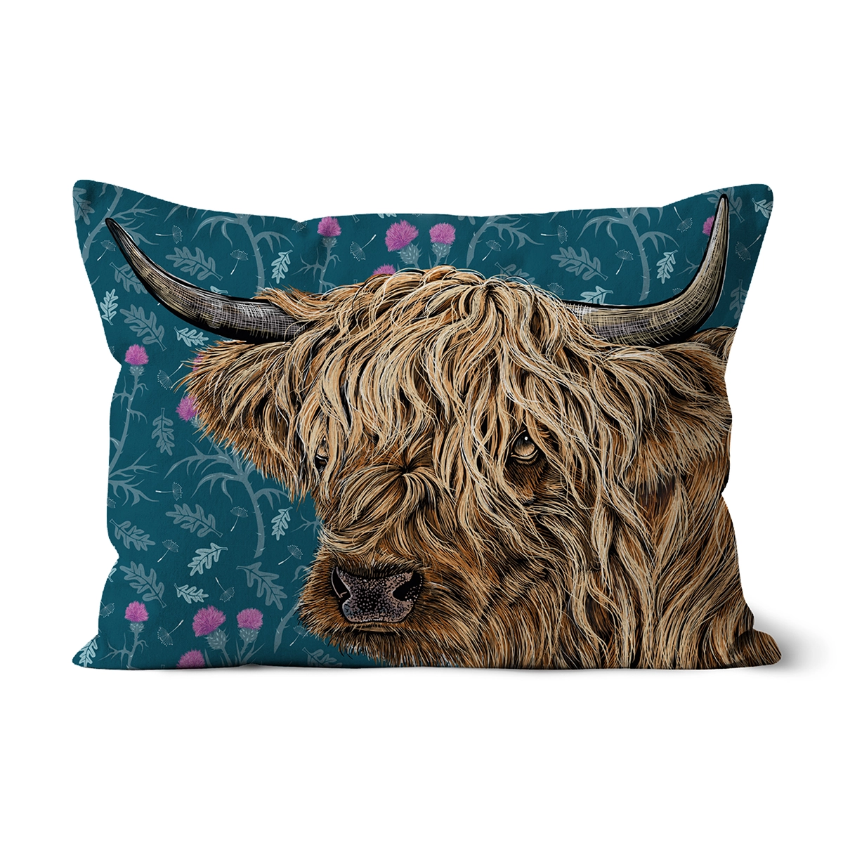 Highland Cow rectangular Cushion by Fox & Boo, featuring a highland cow among thistles and oak leaves