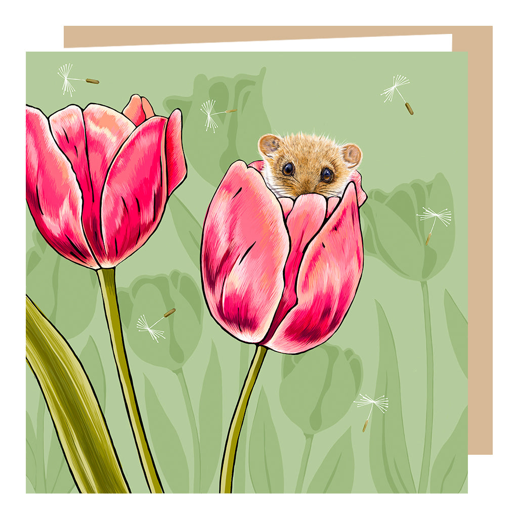 Gorgeous Dormouse and tulips greeting card, Dormouse is sitting in tulip and peeking over the edge, design by fox and boo