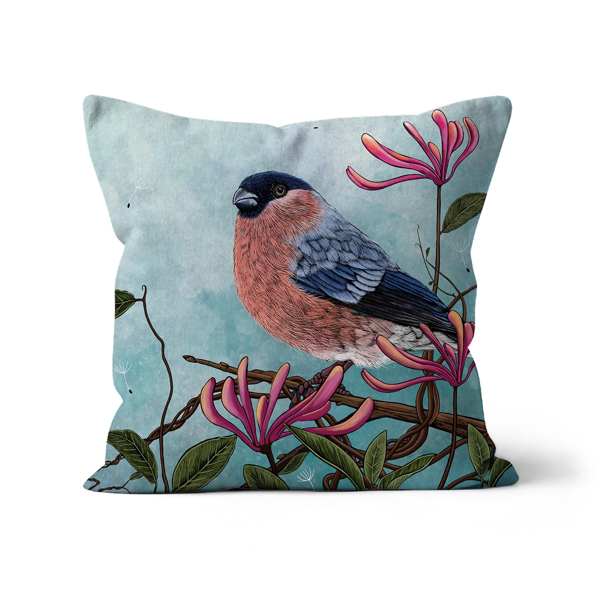 Honeysuckle Bullfinch Cushion by Fox & Boo, featuring a bullfinch among honeysuckle