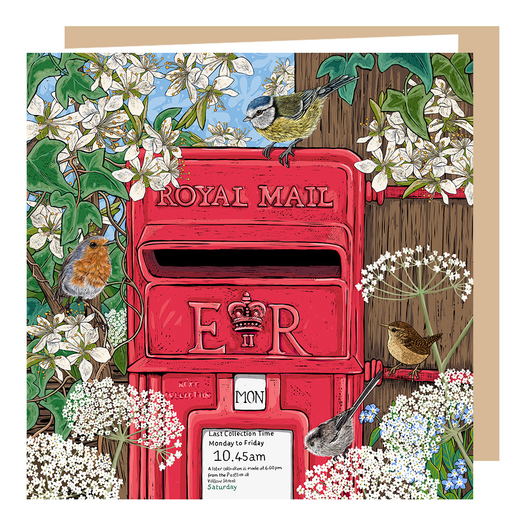 'Last Post'; Greeting card design with British ER II postbox with wild birds surrounding.