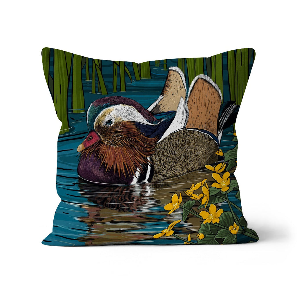 Mandarin & Marigolds Cushion by Fox & Boo, featuring a mandarin duck with wildflowers