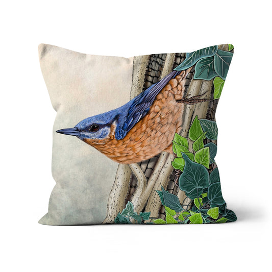 This cushion features a beautifully illustrated nuthatch creeping down a tree trunk surrounded in ivy, design by fox and boo.