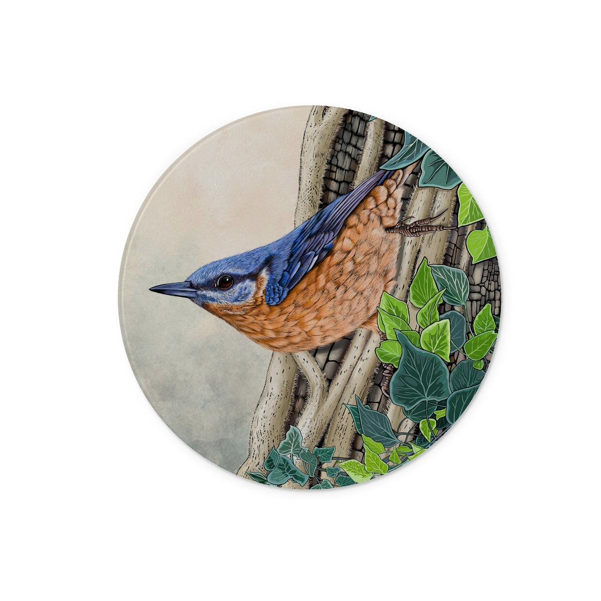Nuthatch and Ivy Glass Worktop Saver featuring a nuthatch perched amid ivy leaves on a circular design.