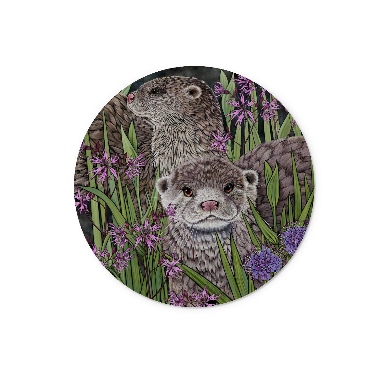 Otters and Ragged Robin Glass Worktop Saver, Illustration features 2 otters on a dark background, surrounded with rushes, marsh flowers and pink ragged robin.