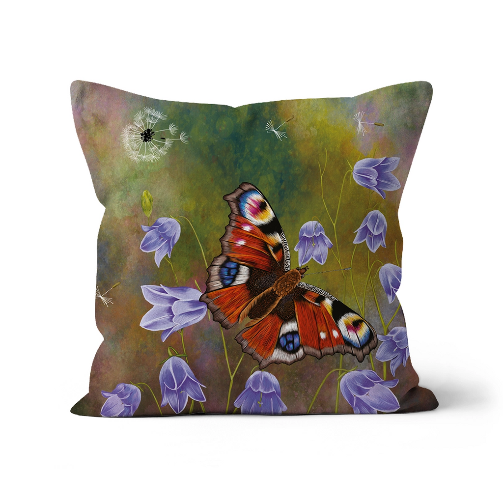 Peacock Butterfly and Harebells Cushion by Fox & Boo, featuring a peacock butterfly among harebells