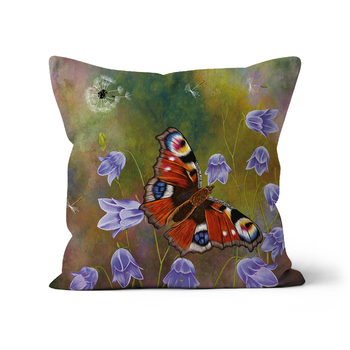 Peacock Butterfly and Harebells Cushion by Fox & Boo, featuring a peacock butterfly among harebells