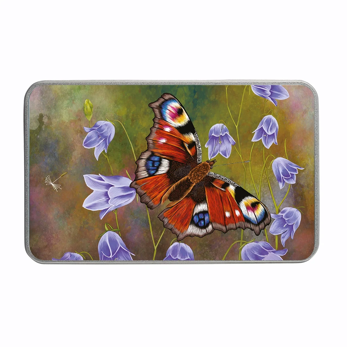 Peacock Butterfly and Wildflower decorative keepsake tin with illustrated British wildlife design