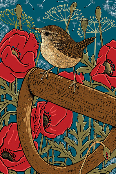 Poppies and Wren Tea Towel. This design features a little wren perched on the corner of an old garden spade, surrounded by stylised red poppies, cow parsley and dandelion puffs.