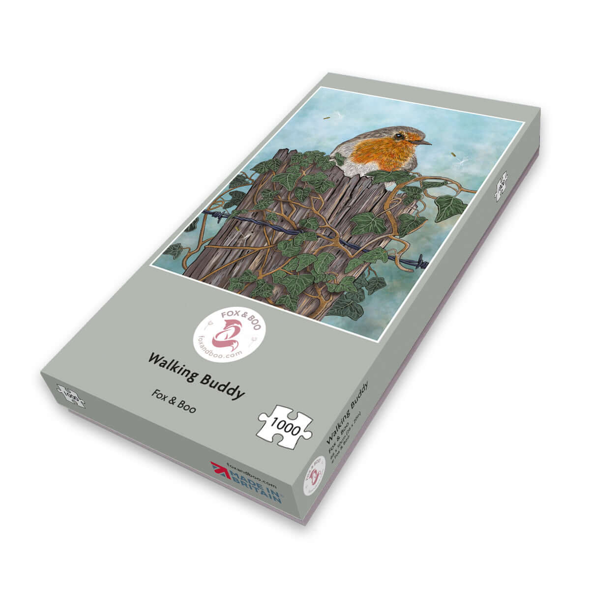 Sustainable Robin jigsaw puzzle by Fox and Boo with a Robin perched on a post surrounded by ivy.