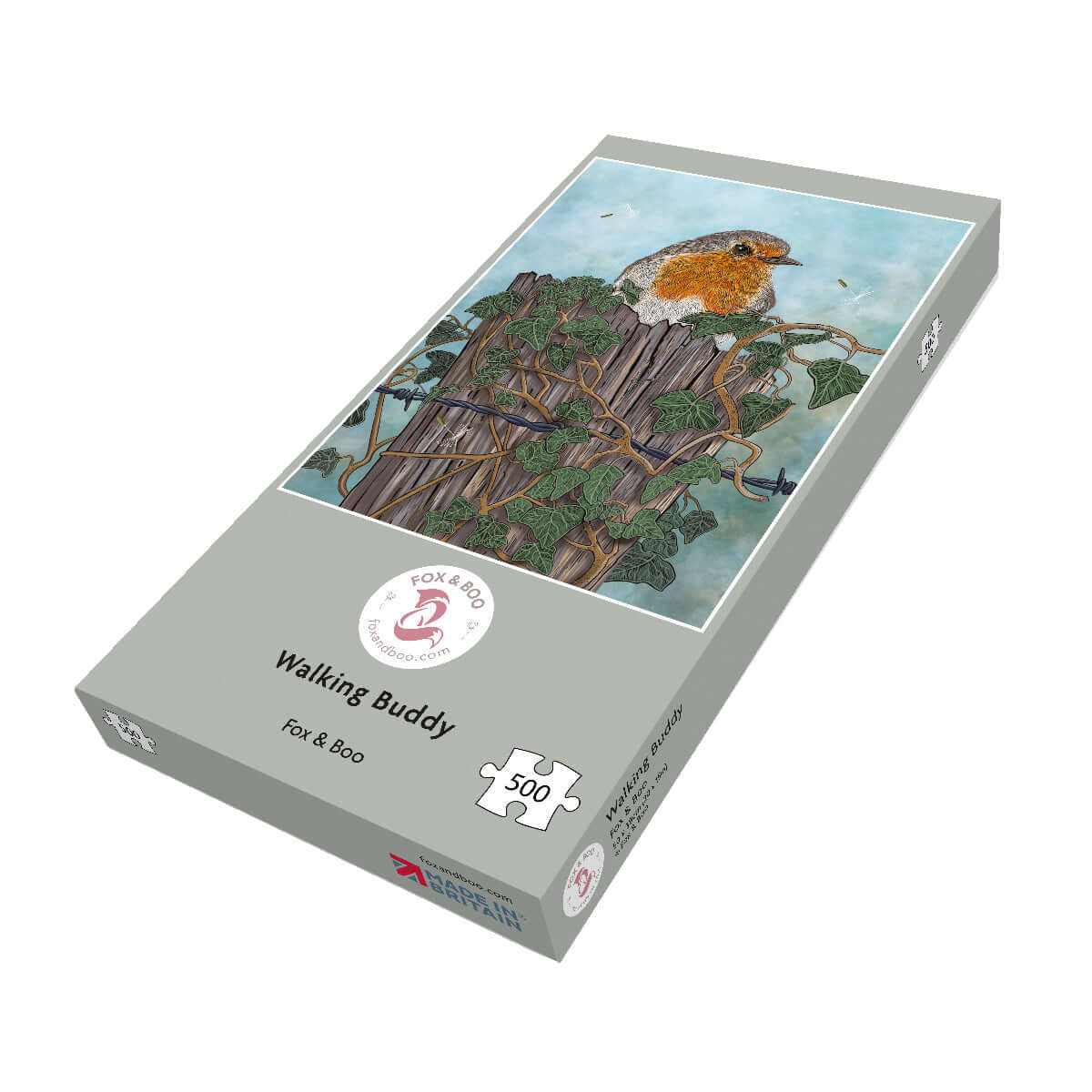 Sustainable Robin jigsaw puzzle by Fox and Boo with a Robin perched on a post surrounded by ivy.