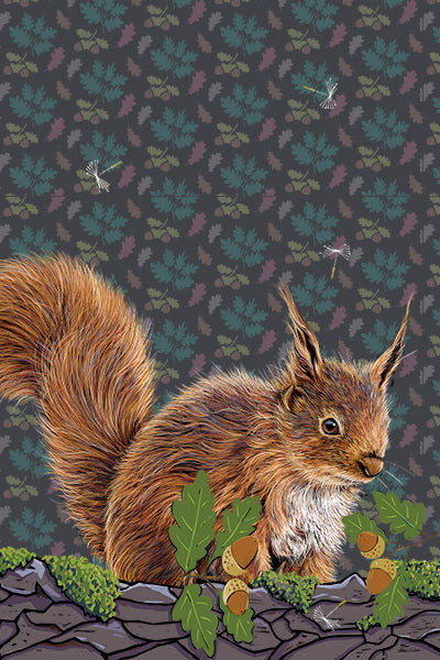 This tea towel design features a red squirrel illustration, with oak leaves, acorns and a stylised oak leaves background with a few dandelion puffs.