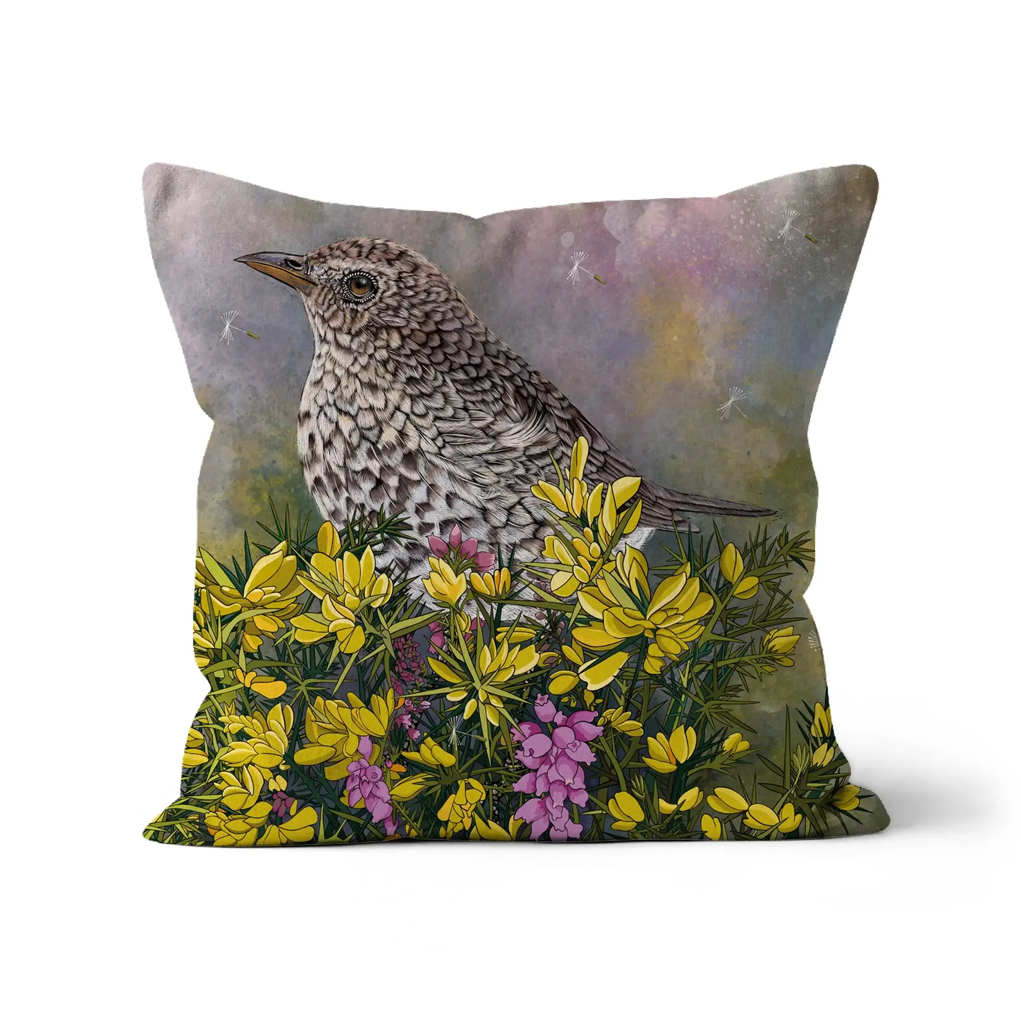 Song Thrush and Gorse Cushion featuring a British Song Thrush on a gorse bush with colorful flowers.