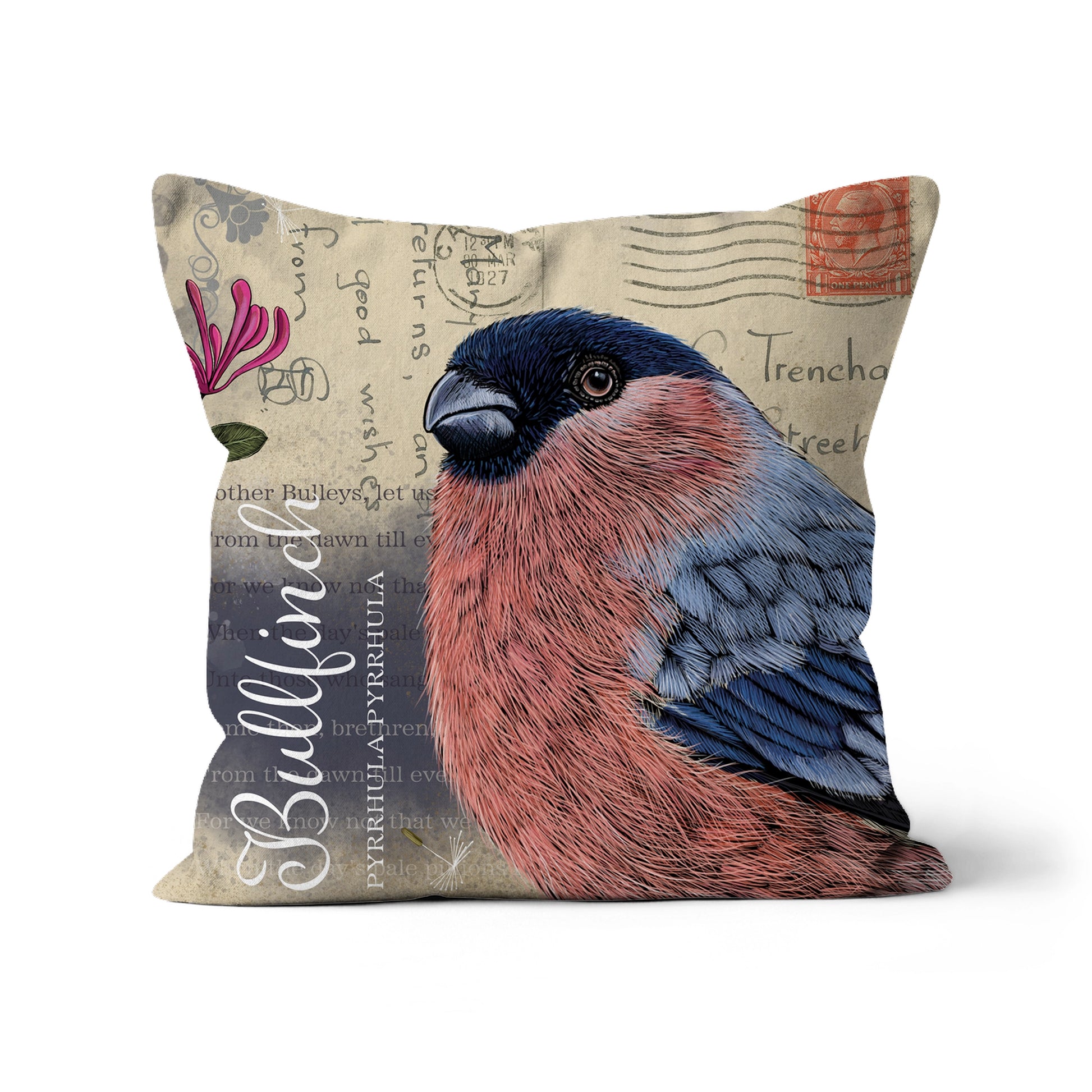 A square decorative throw pillow featuring a detailed illustration of a male bullfinch bird on a vintage-style beige background with postcard motifs and script text.