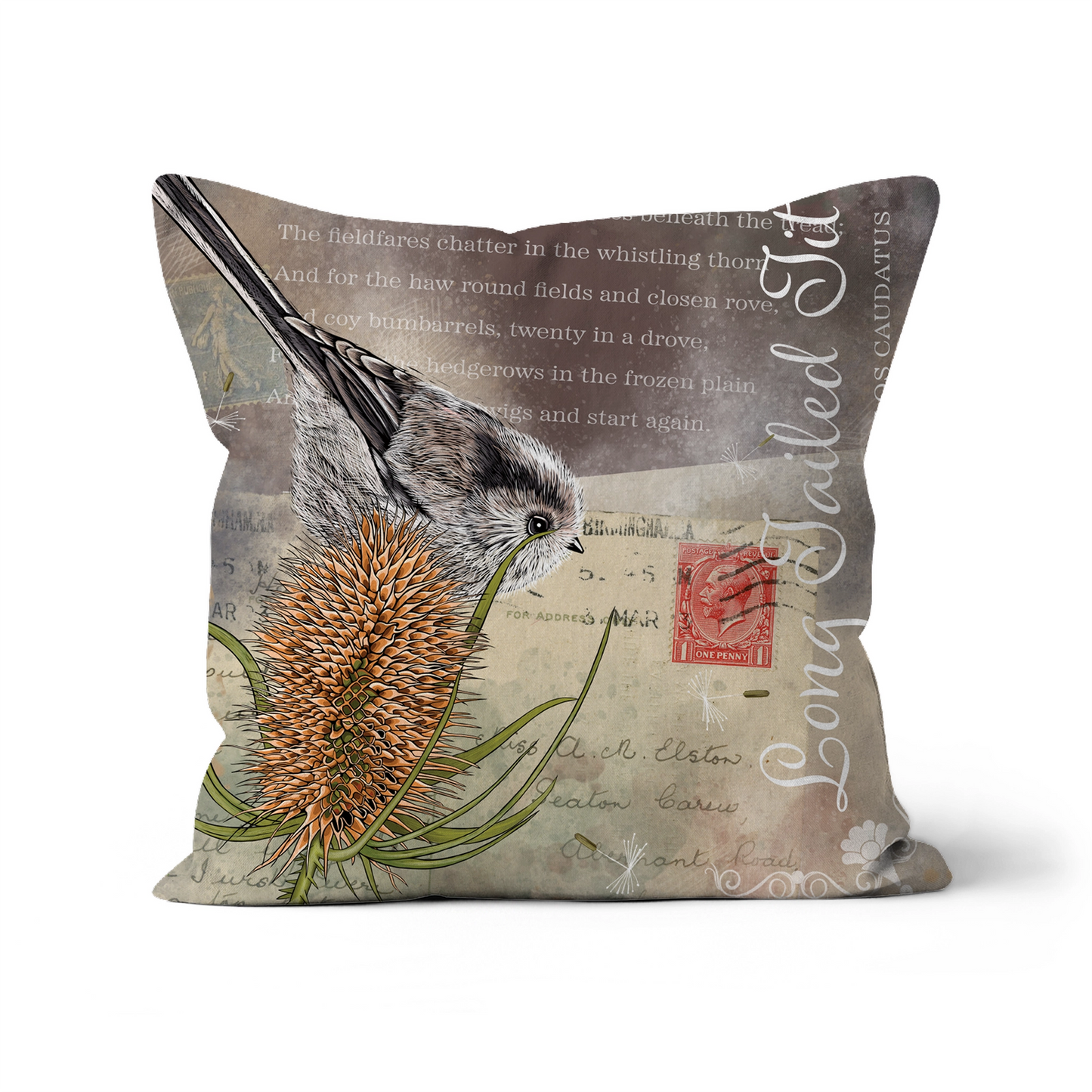 Vintage Style Long Tailed Tit Cushion