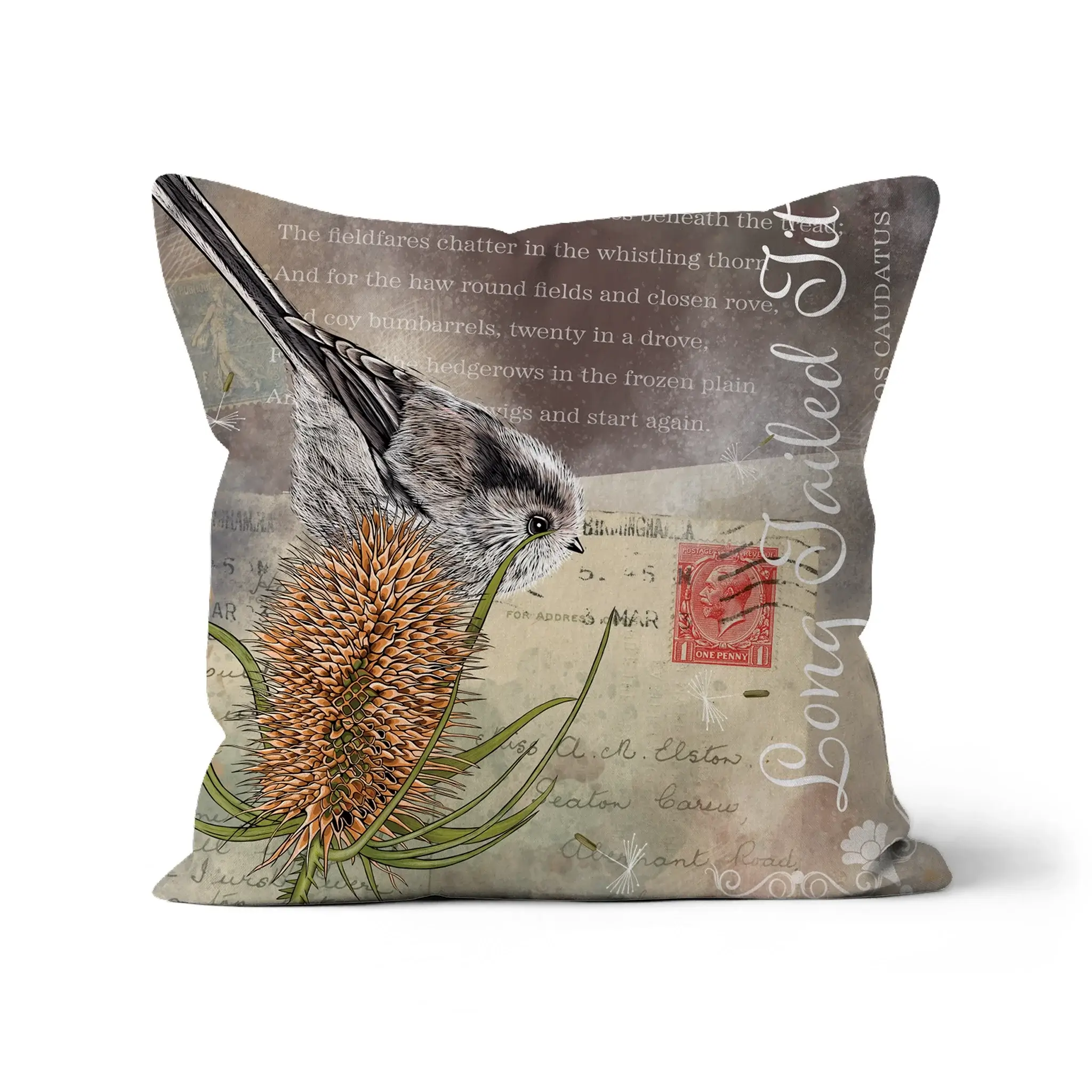 Vintage Style Long Tailed Tit Cushion