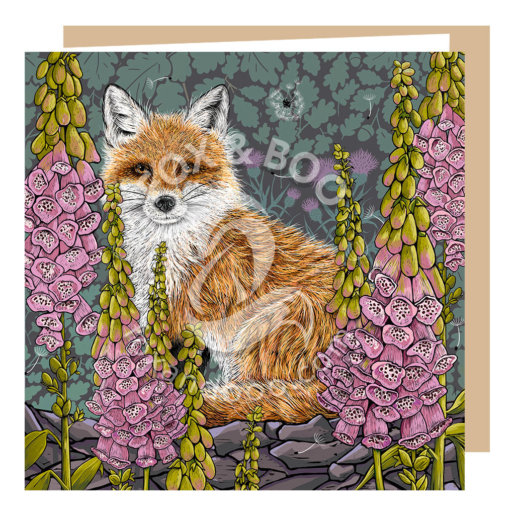 Woodland Fox Greeting Card illustrated by Fox & Boo, featuring a fox among foxgloves