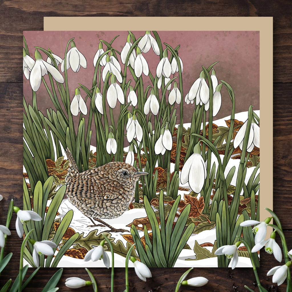 Wren and Snowdrops Greeting Card by Fox & Boo, alternate view featuring a wren among pale snowdrops