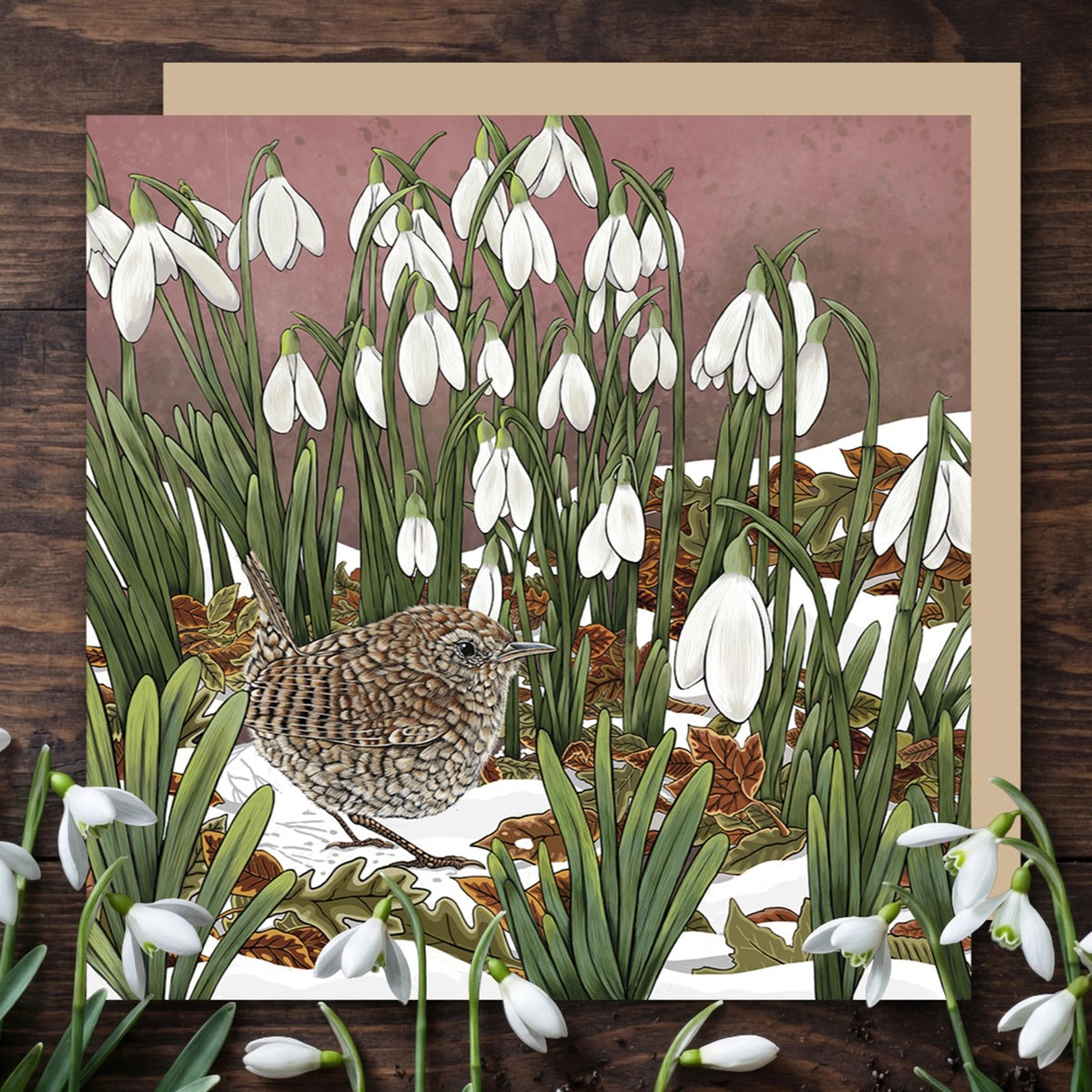 Wren and Snowdrops Greeting Card by Fox & Boo, alternate view featuring a wren among pale snowdrops