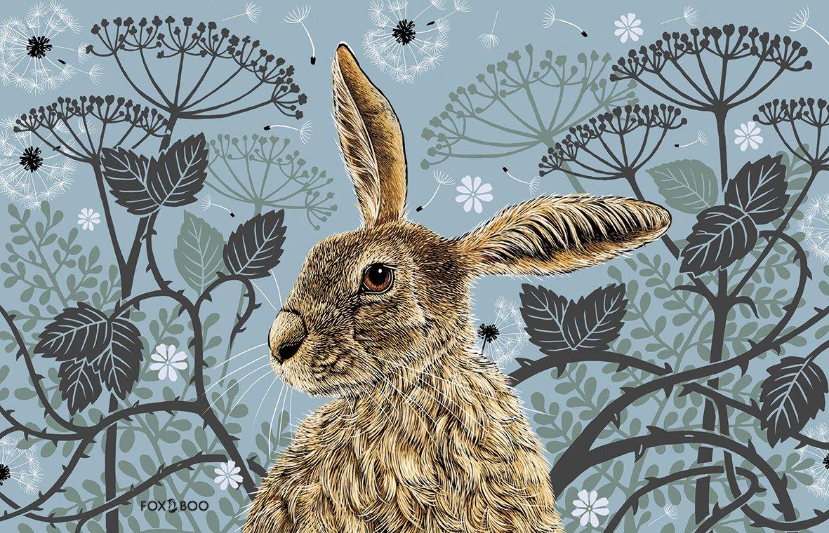 Decorative Hare Tea Towel - Swedish Blue - Fox &amp; Boo