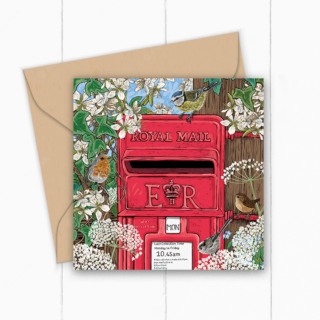 &#39;Last Post&#39;; Greeting card design with British ER II postbox with wild birds surrounding.