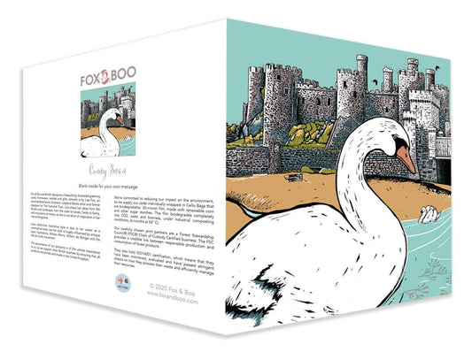 Swan Greeting Card, Conwy, Conwy Castle, North Wales, Fox & Boo