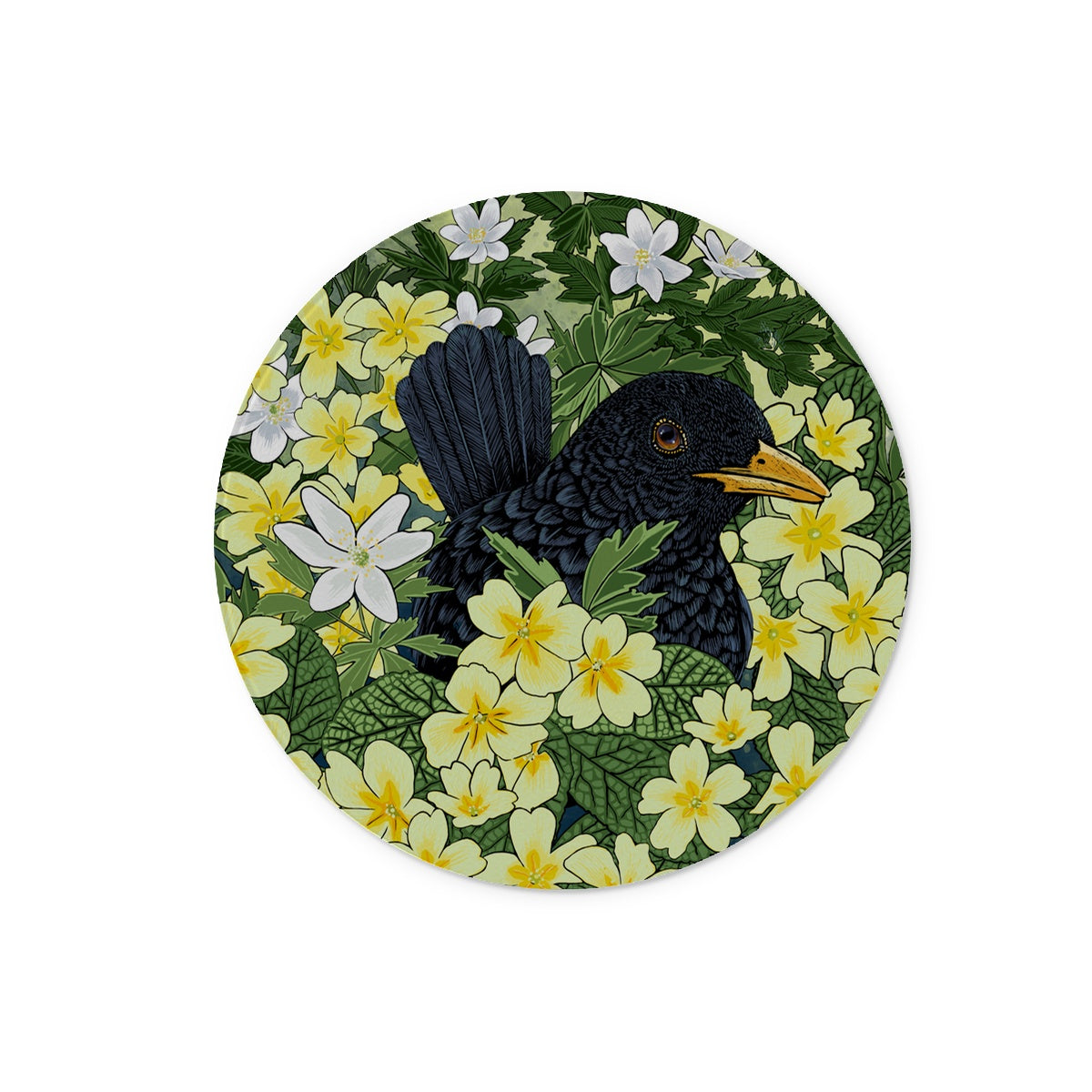 Blackbird and Primrose Glass Worktop Saver, cute blackbird is partially hidden in this design, it is peeping out from behind dozens of yellow primroses and wood sorrel.