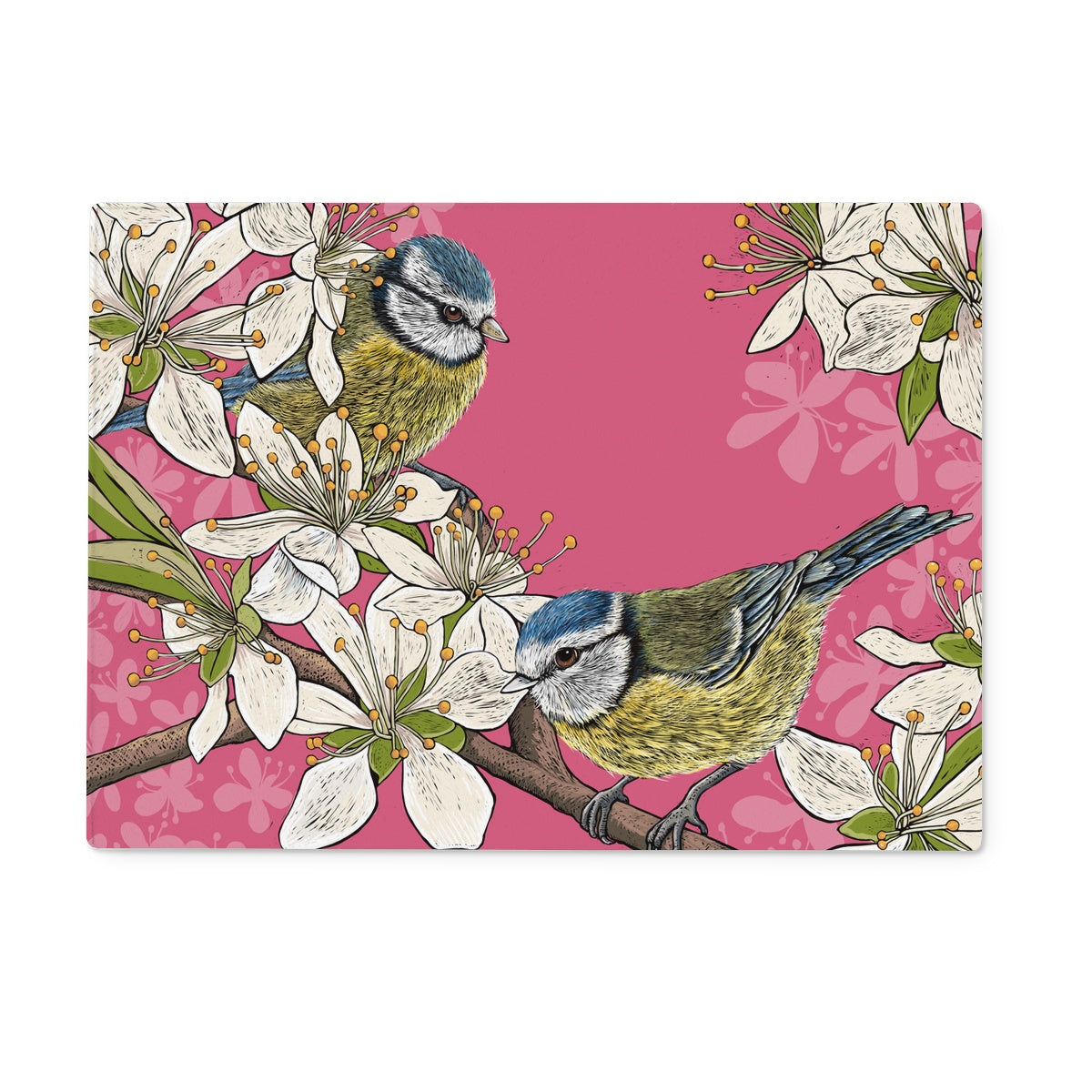 Rectangular blue tits tempered glass chopping board by Fox and Boo