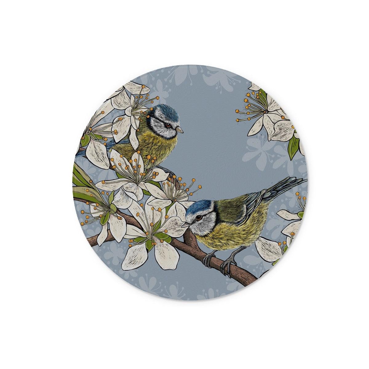 Circular blue tits tempered glass chopping board by Fox and Boo