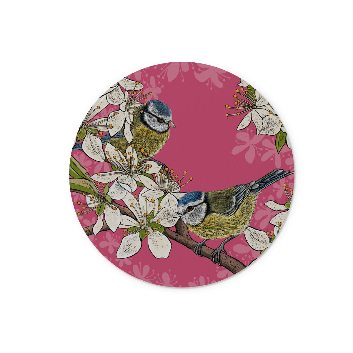 Circular blue tits tempered glass chopping board by Fox and Boo