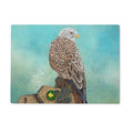 Red kite, positioned away from the viewer but head turned back; sitting on a wayfaring sign, blue watercolour effect background.
